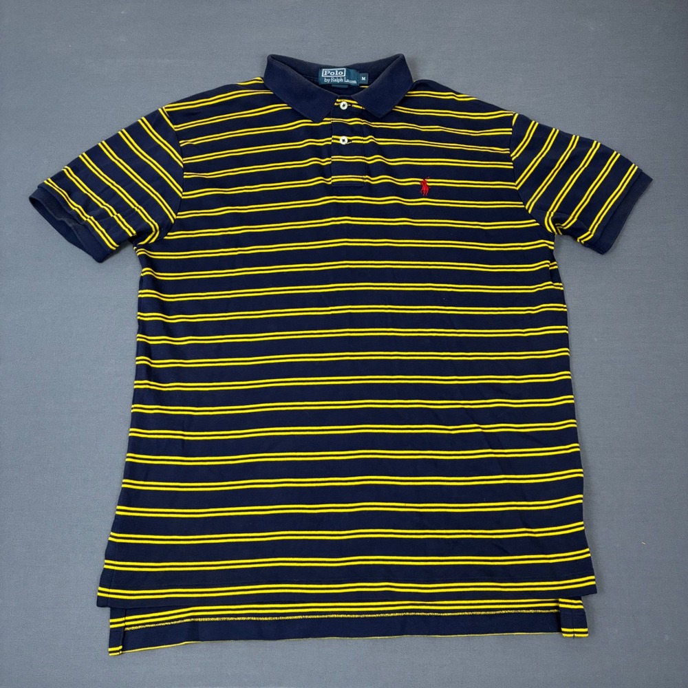Polo Ralph Lauren Navy Blue & Yellow Striped Short Sleeve Polo Shirt Mens Medium